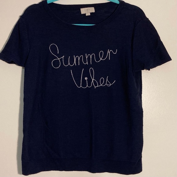 LOFT Outlet Navy Blue Sweater Tee with Summer Vibes Stitching | Size L - Picture 1 of 6